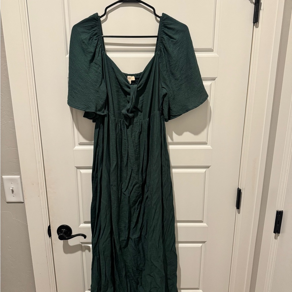 Hunter Green Front Tie Ruffle Sleeve Maternity Midi Dress